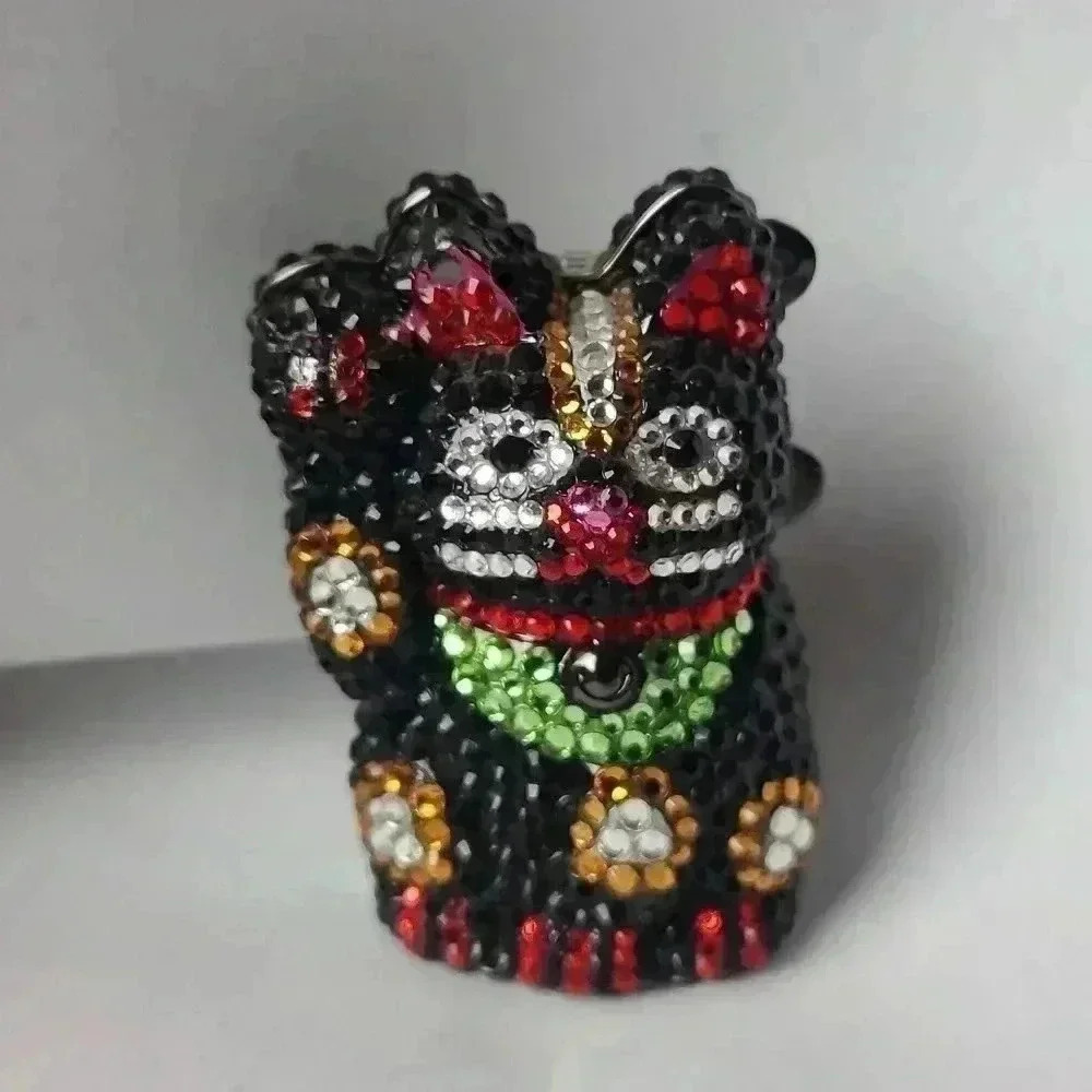 Rhinestones black lucky cat trinket box jewelry box small size good luck kitten - Picture 3 of 15